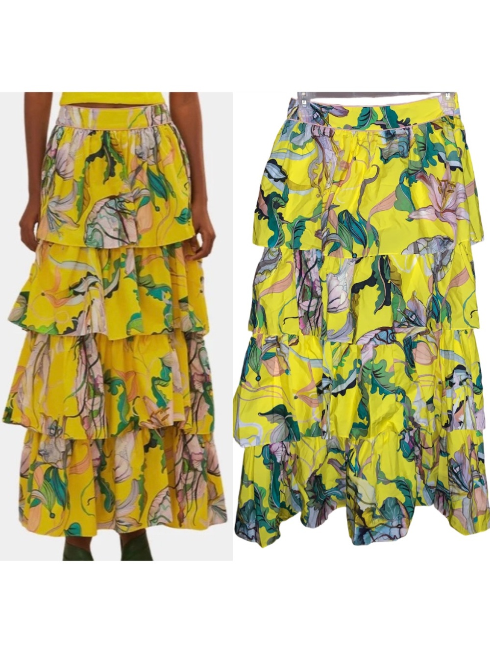 FARM Rio Jellyfish  Bouquet Yellow Tiered Ruffled Maxi Skirt Size Small NWT